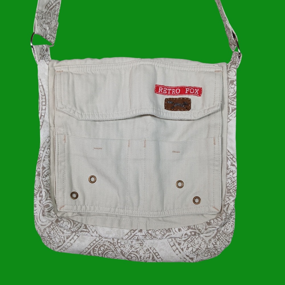 Upcycled Retro Fox Messenger Bag Women's Tan Paisley Lined Canvas Y2K